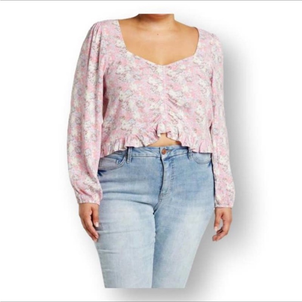 Abound Cropped Cinched Front Floral Blouse Size 2X Pink NWT